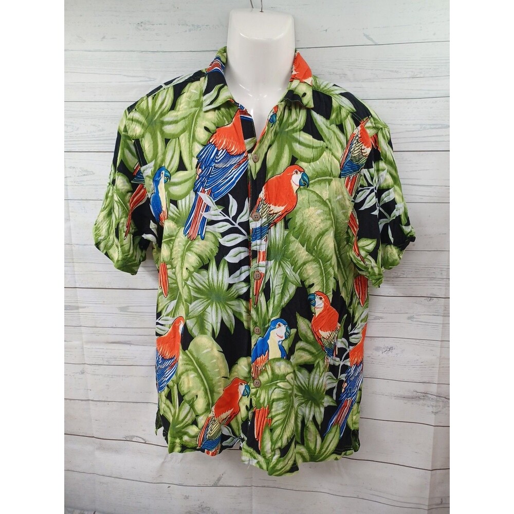 Thums Up Mens Short Sleeve Hawaiian Shirt Sz M Tropical Birds Parrots
